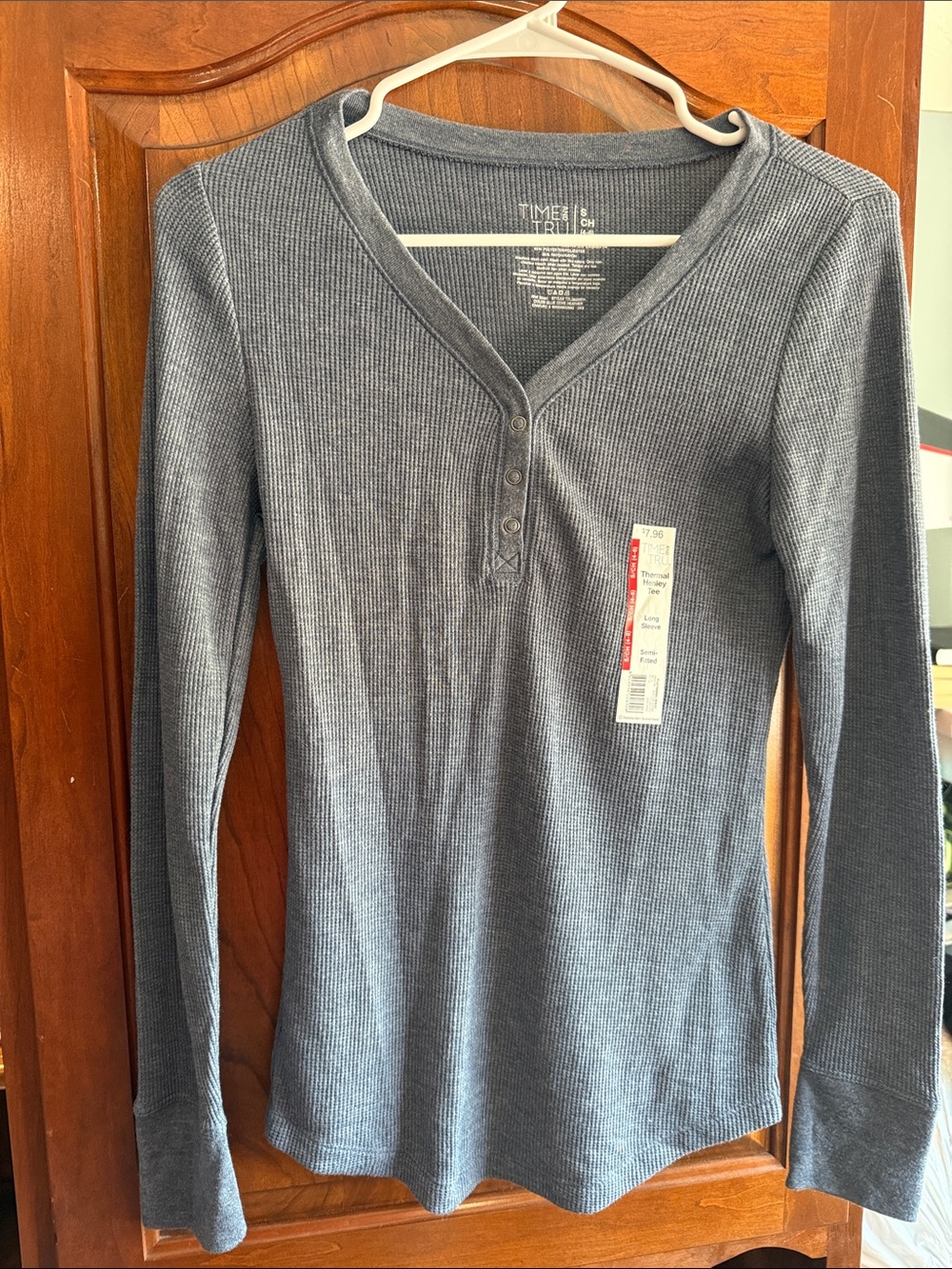 Time and Tru Women's Long-Sleeve Ribbed Henley Top - Slate Gray